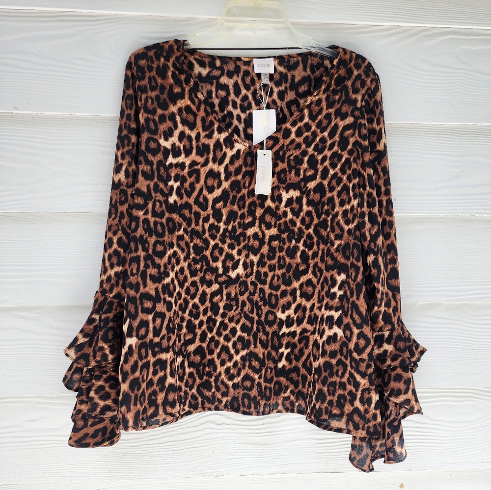 NWT L Cupio Brown Leopard Print Blouse With Flutter Sleeves